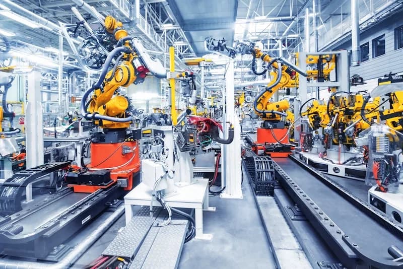 Línea de manufactura con brazos robóticos dentro de una planta